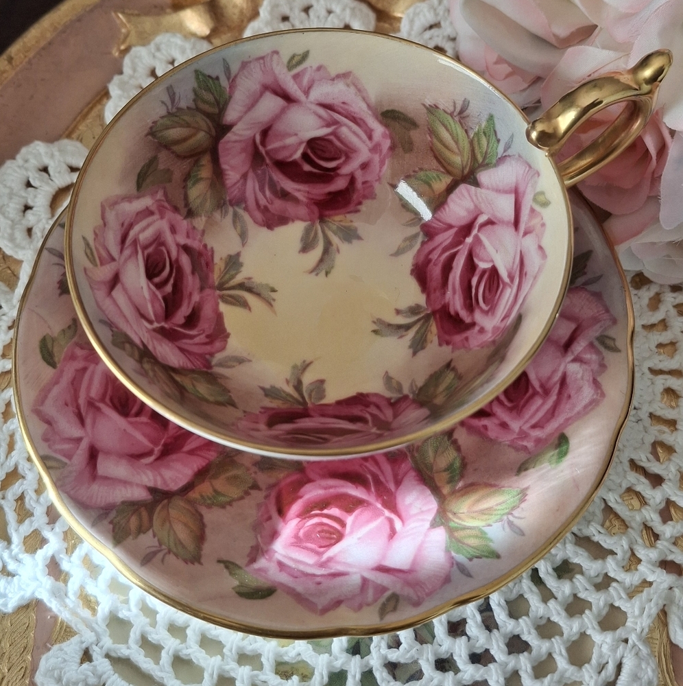 RARE Vintage AYNSLEY Pink Cabbage ROSE Floral Teacup and Saucer with Gold Trim